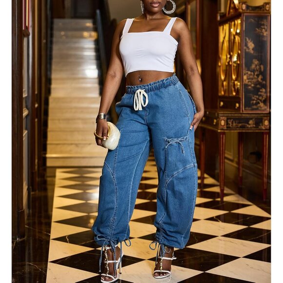 Women's Plus Size Wide Leg Baggy Jeans Stretch Denim Casual Streetwear - Picture 4 of 4